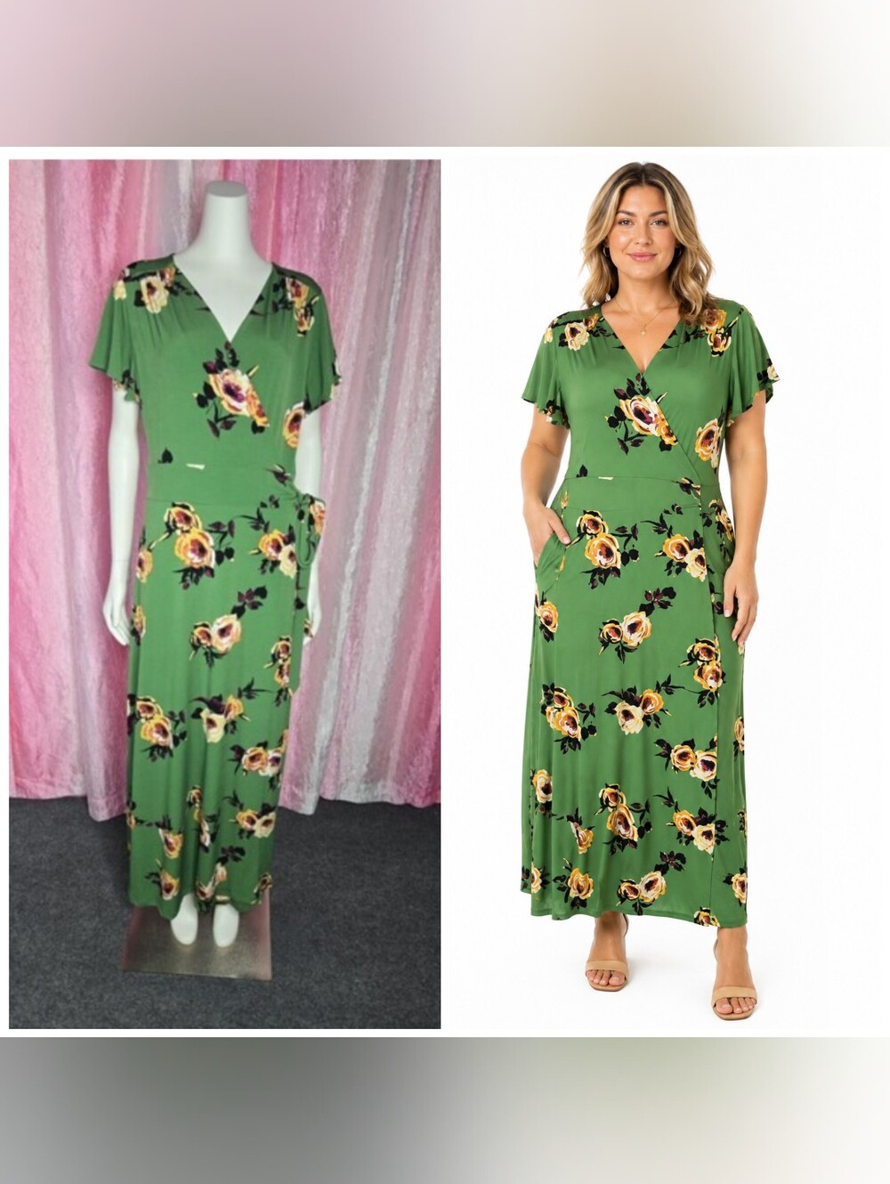 Lane Bryant Green Colorful Floral Maxi Stretch Summer Wrap Dress Size 14 / 16